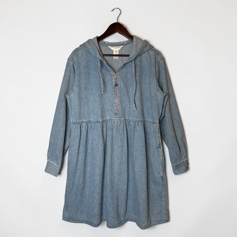 Vintage Jones New York Sport Denim Hooded Babydoll Dress Hoodie size Large - Picture 1 of 4